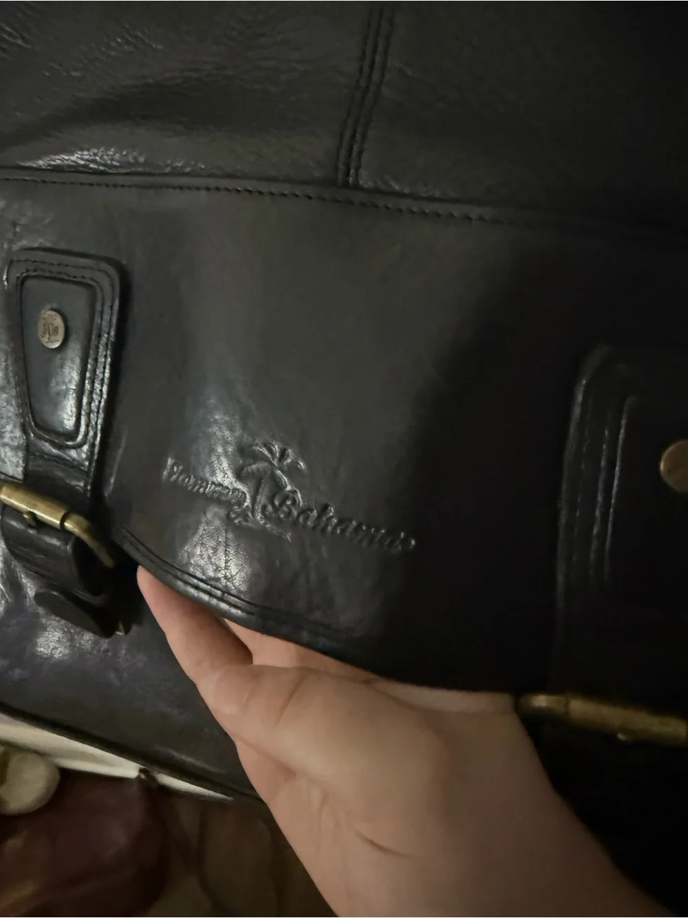 Tommy Bahama Black Leather Messenger Bag w/ Luggage Tag